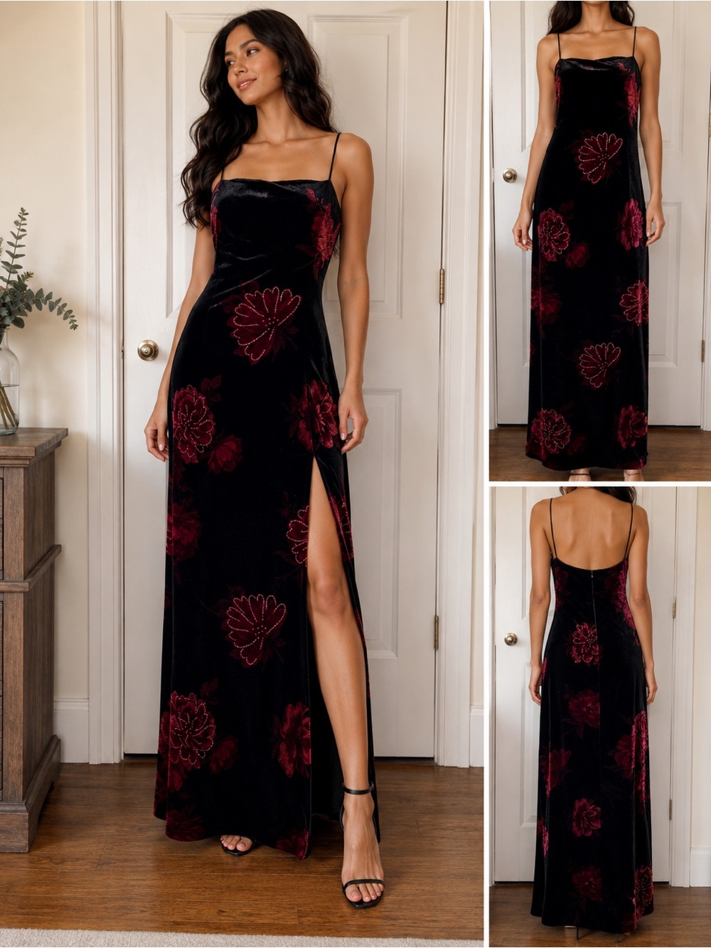 90s-Y2K Arianna Rachel Kaye Black Velvet Floral Maxi Dress Goth/Whimsigoth Dress